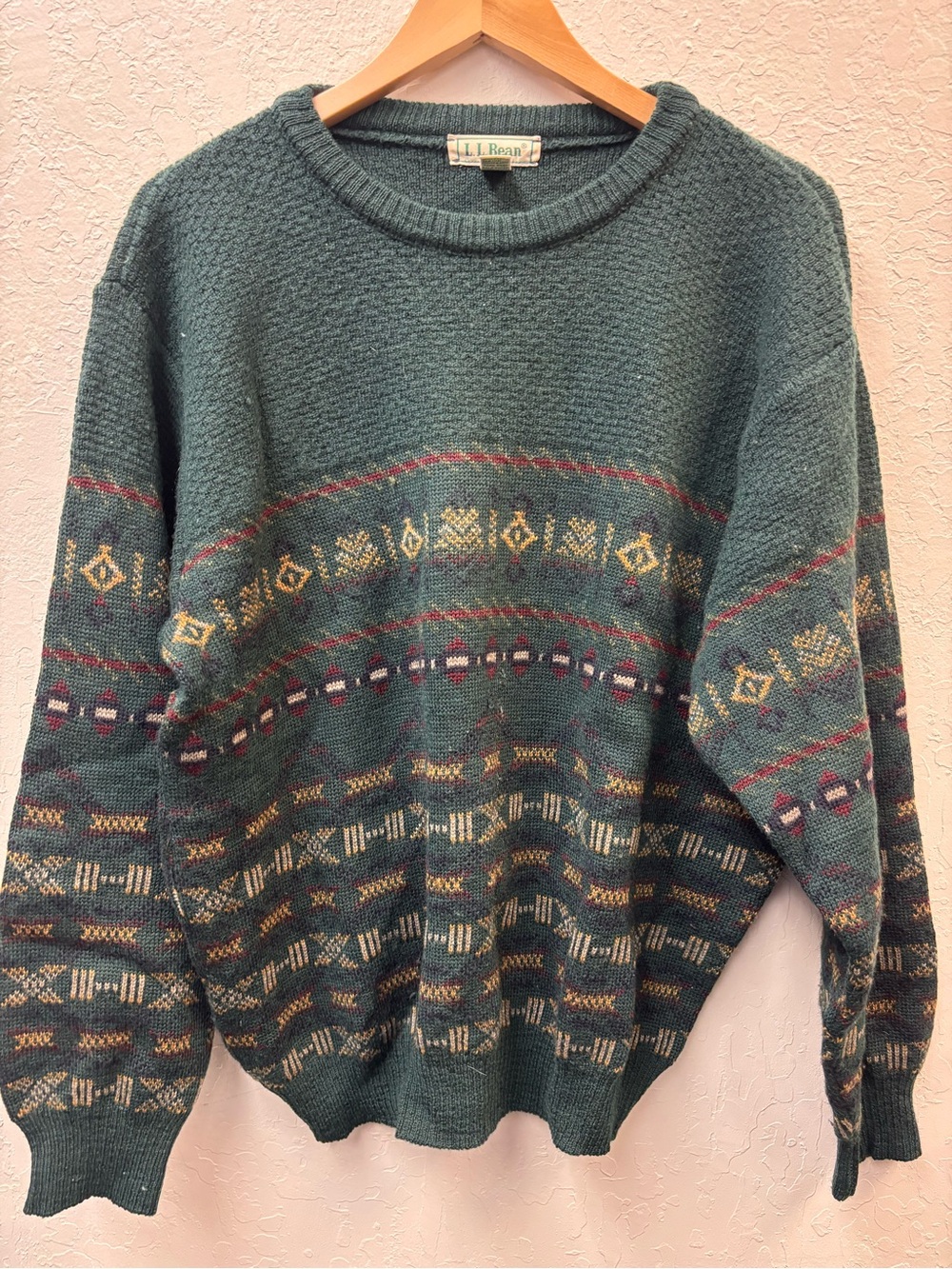 Vintage LL Bean Sweater Mens Large Green Pullover Aztec Wool 80s 90s